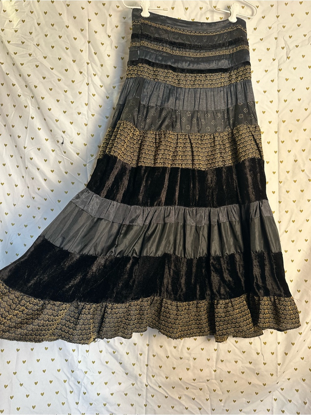 Vintage boho Y2K Lisa D Patchwork Tiered Black & Gold Maxi Skirt Gypsy goth vibe